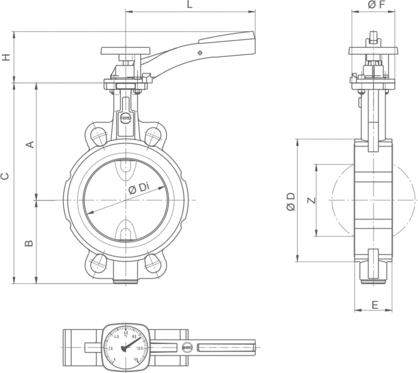 Absperrklappe Z011-A-therm m/Rasterh. -20 bis +120°C PN 6/16 DN 20 - Ebro Absperrklappen