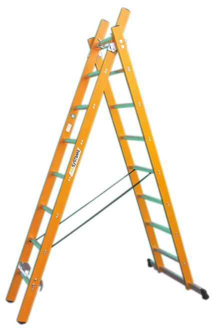 HB GFK Schiebebockleiter, 2 tlg Typ 113, 2x8 Sprossen, L=2.47/3.87m - Garten
