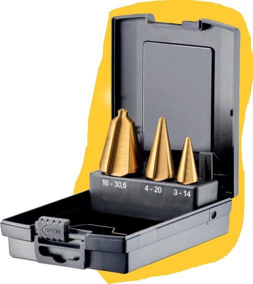 FORTEC Blechschälbohrer Satz, 3-tlg. Ø3-14/4-20/16-30.5mm, HSS-G-TiN - Bohren