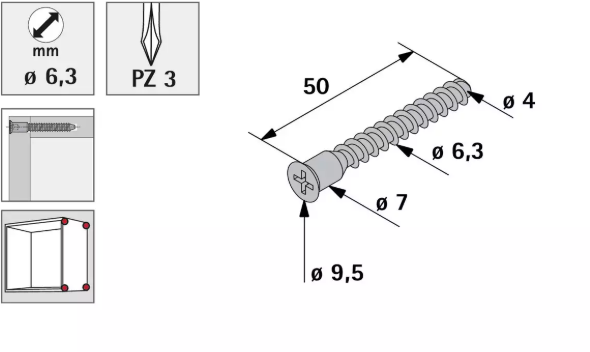 Hettich Verbindungsschraube verzinkt, PZ 6.3 x 50mm, à 16 Stk - Diverse Möbelbeschläge und Zubehör
