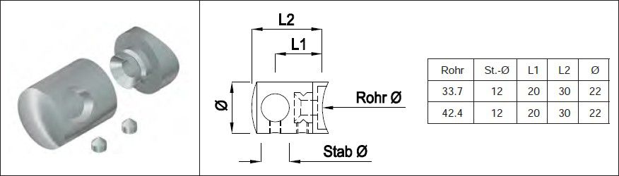 Rundstabtrav. kurz, eingesat., links 33.7 mm geschliffen 1.4301 - INOXTECH-Handlauf-/Geländer-System