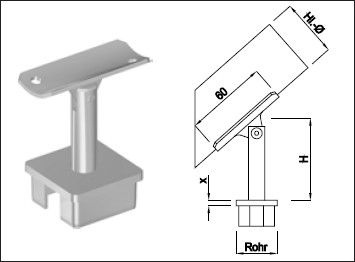 Steckkonsole bewegl mit quadr Rohrkappe Pfos 30mm,HL33.7mm,TH100mm,geschl,1.4301 - INOXTECH-Handlauf-/Geländer-System