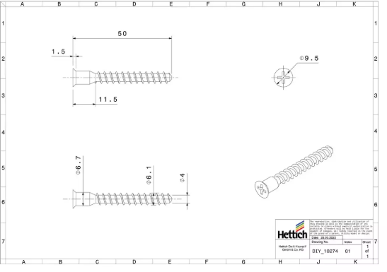 Hettich Verbindungsschraube verzinkt, PZ 6.3 x 50mm, à 16 Stk - Diverse Möbelbeschläge und Zubehör