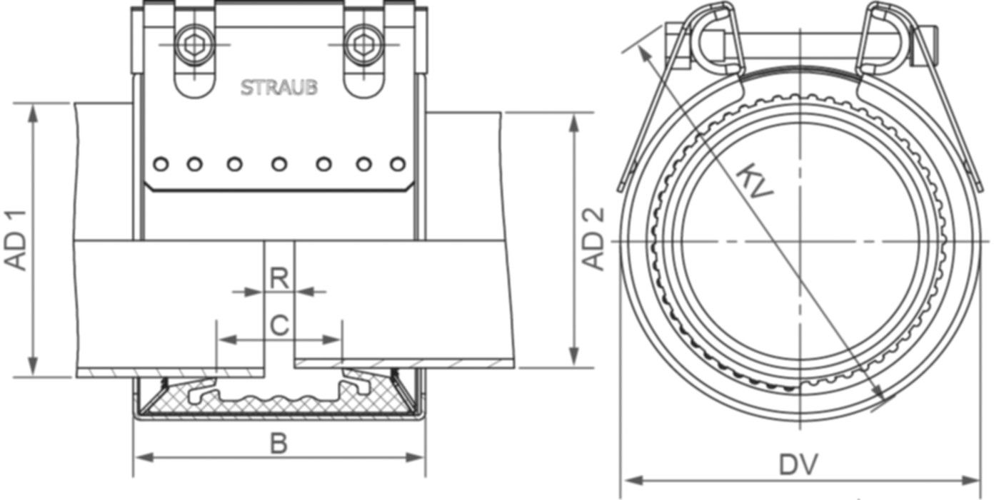 Grip Stufenkupplung EPDM-ES zugfest 60.3 - 57.0mm 59.7 - 60.9/ 56.4- 57.6 - Straub Kupplungen
