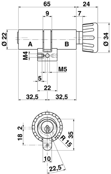 KABA 8 Drehknopfzylinder Typ M1519 32.5/32.5, Schliessung 5000, o. Schlüssel - Kaba 8, Lagerprodukt
