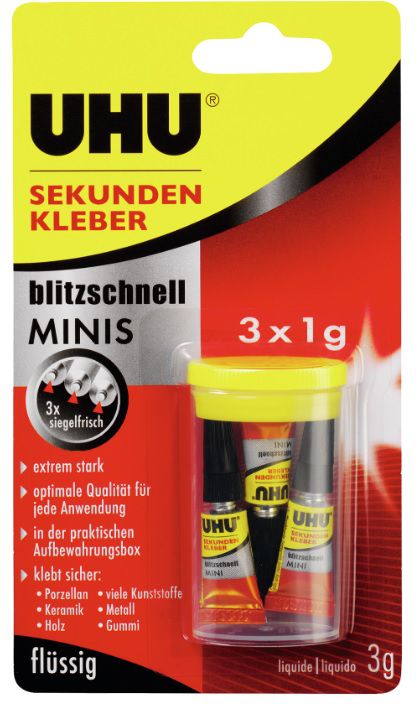 UHU Sekundenkleber, SUPER MINIS 3 x 1g, universal, dünnflüssig - Kleben