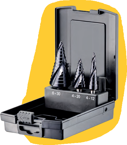 FORTEC Stufenbohrer Satz, 3-tlg. Ø4-12 / 4-20 / 6-30mm, HSS-G, mit Kreuzanschliff - Bohren