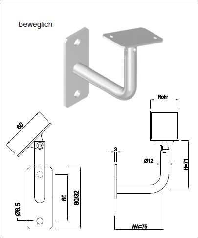 Geschw. Wandkonsole eck. vert. bewegl. 4-kant/Rechteckrohr 12 mm geschl. 1.4301 - INOXTECH-Handlauf-/Geländer-System