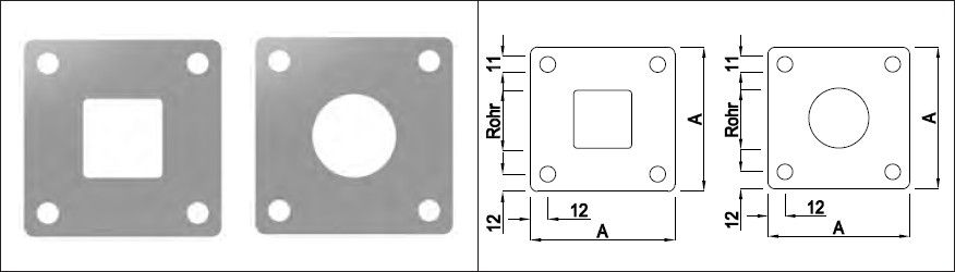 Fusspl. 80x80x5 mm für Pf. 30x30x2 mm 4 Befestigungsl. gestanzt geschl. 1.4301 - INOXTECH-Handlauf-/Geländer-System