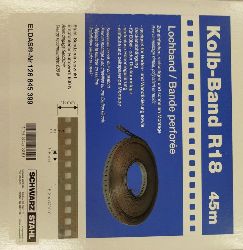 Lochband, verzinkt 18x0.6 mm , Lochmass 5.2x5.2 , à 45m - Regla Aufhängesystem