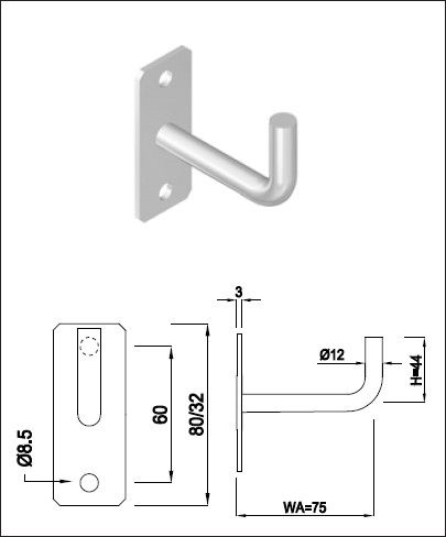 Geschw. Wandkonsole eckig vertikal Stab 12 mm H 44 mm geschl. 1.4301 - INOXTECH-Handlauf-/Geländer-System