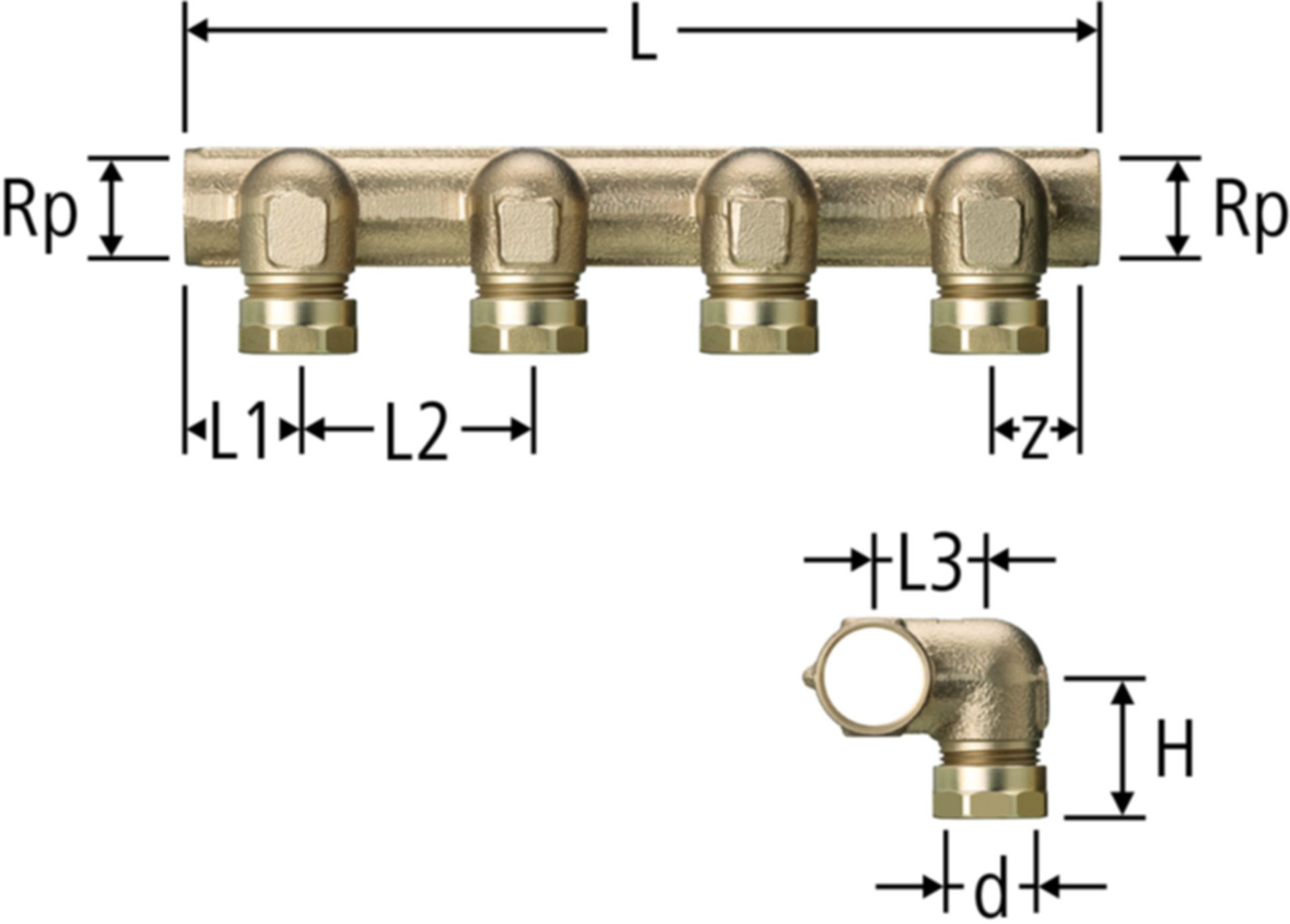 Verteiler gekröpft 3/4" x 3 86002.43 mit Steckabgängen - Nussbaum Optiflex-Rohre und Formstücke
