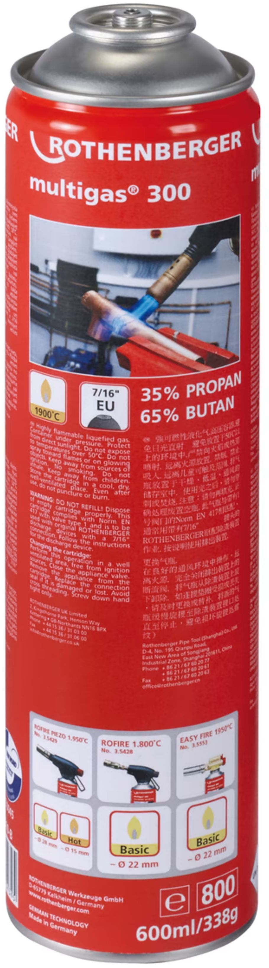 ROTHENBERGER Multigas 300, Gaskart mit 7/16" 600ml, Flammentemp.bis 1.900 °C, 3.5510-A - Sanitärwerkzeuge
