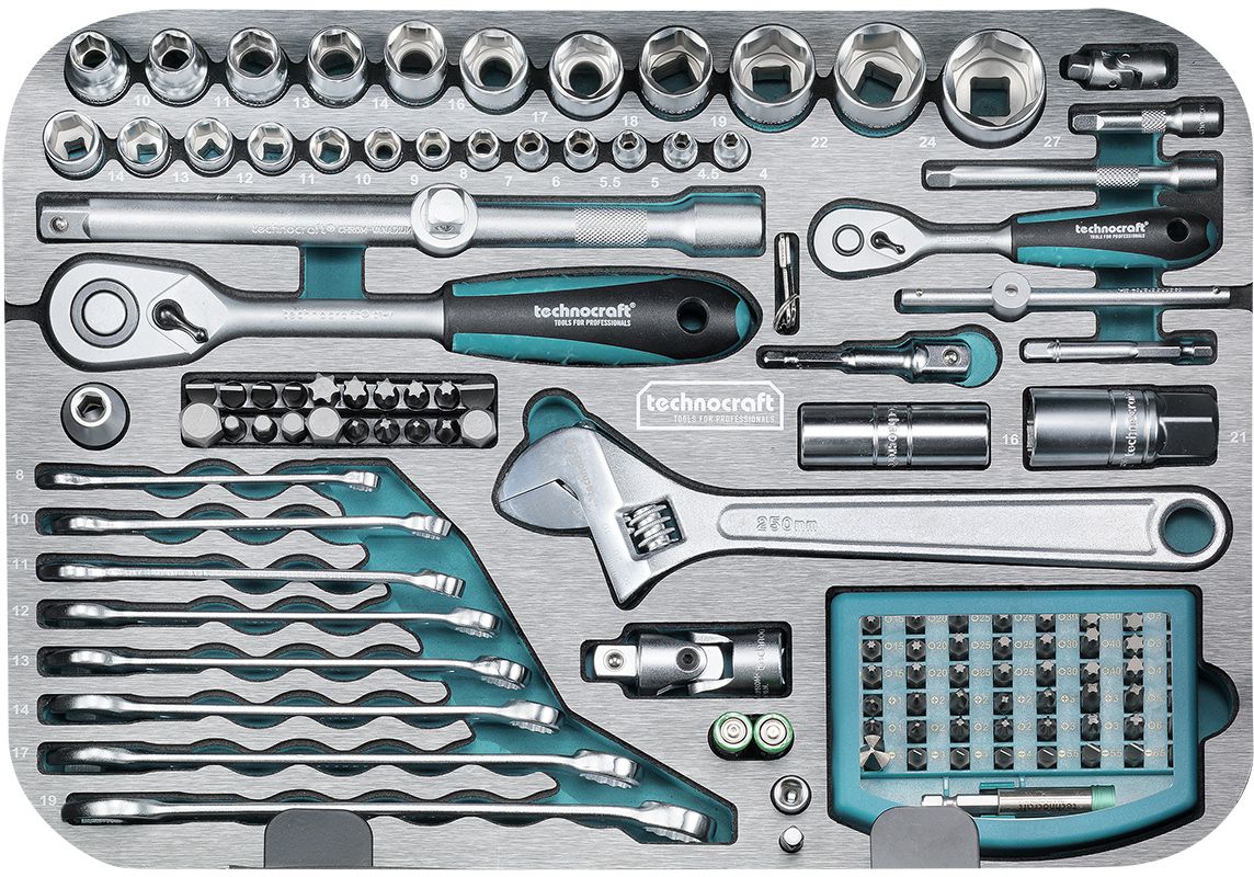 TECHNOCRAFT ABS-Werkzeugkoffer Pro Chrome 185 1/4"+1/2" , PB + Knipex , 185 tlg. - Werkzeugkoffer,Sortimentskoffer,Behälter