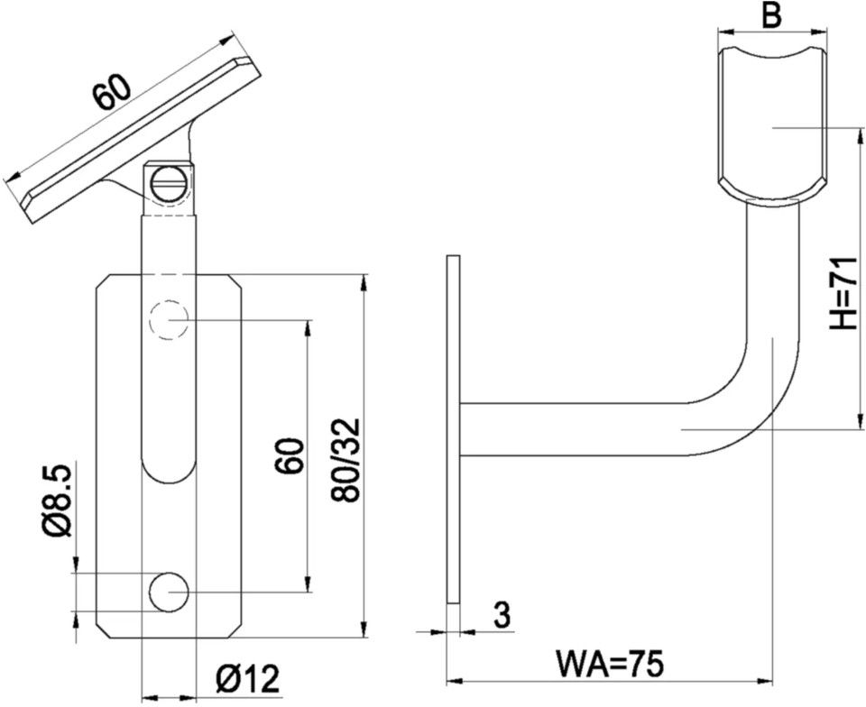 Geschw. Wandkonsole eck. vert. bewegl. HI. 42.4 mm Stab 12 mm geschl. 1.4301 - INOXTECH-Handlauf-/Geländer-System