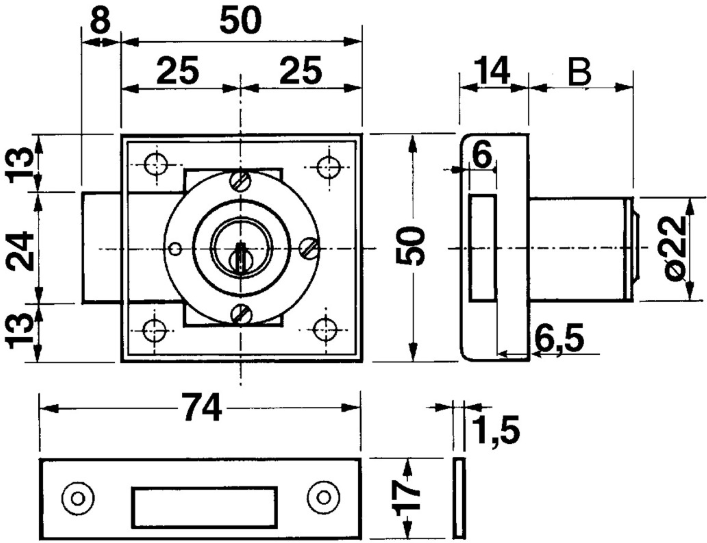 KABA 8 Möbelschloss Typ M1074 DM=25mm, DIN rechts, mit 2 Schlüssel - Kaba 8, Lagerprodukt