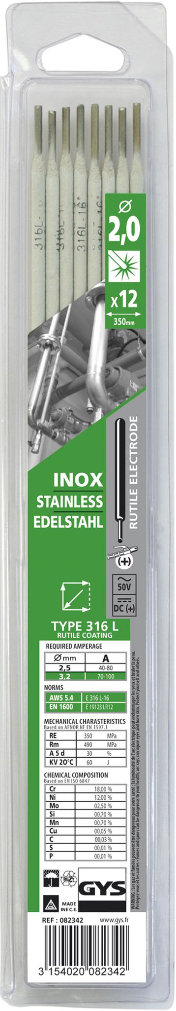 GYS Edelstahl-Elektroden 316 L, Inhalt 12 Stk. Ø 2,0 mm, in Blister - Schweissen