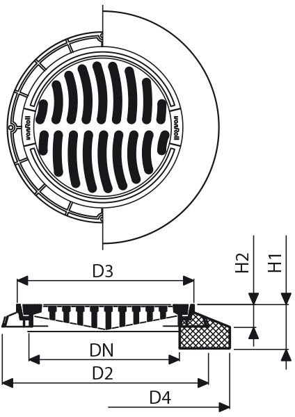 Fig. 2918 060 10 Guss D400 geschlitzt, flach, mit Betonsockel - Einlaufroste von Roll