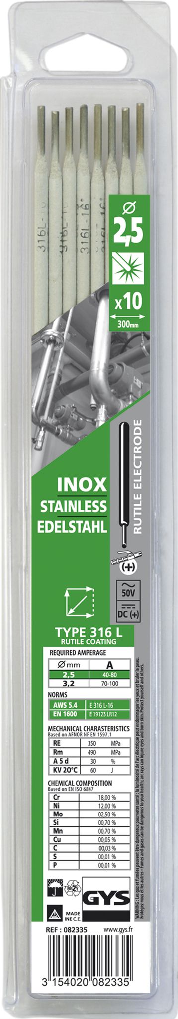 GYS Edelstahl-Elektroden 316 L, Inhalt 10 Stk. Ø 2,5 mm, in Blister - Schweissen