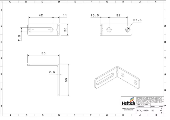 Hettich Verstellwinkel verzinkt, 55 x 55 x 20mm - Diverse Möbelbeschläge und Zubehör