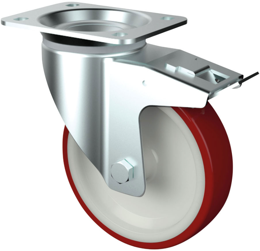 Lenkrolle verzinkt Radø 80x30mm, Polyurethanbereif Platte=105x85mm, Doppelstopp - Transportrollen