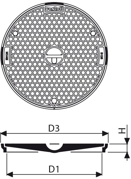 Fig. 2661 050 03 Guss B125 in Zementrohr, Uni-Griff, Riegelver. - Schachtabdeckungen von Roll