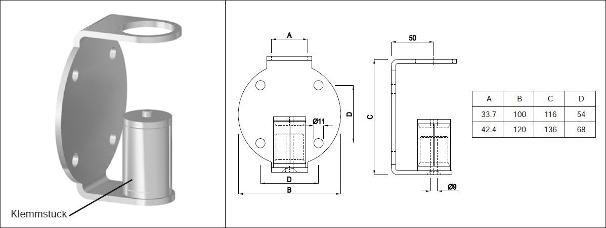 Pfostenhalter runde Form 42.4 mm geschliffen 1.4301 - INOXTECH-Handlauf-/Geländer-System