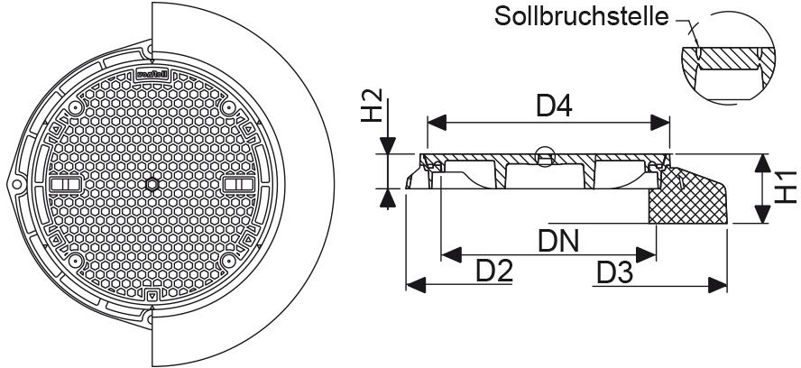 Fig. 2650 060 10 Guss D400 NORMROLL AURA, mit Betonsockel - Schachtabdeckungen von Roll