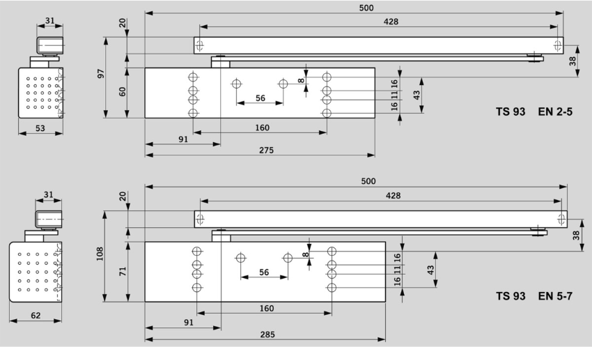 Dormakaba Gleitschienen-Türschliesser TS 93G silber, bis Türbreite 1250mm, Contur Design - Türöffner, Türschliesser, Türfeststeller
