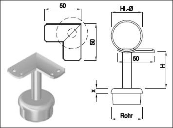 Steckkonsole fest mit gerade Rohrkappe Pfos 48.3mm,EA42.4mm,TH80mm,geschl. - INOXTECH-Handlauf-/Geländer-System