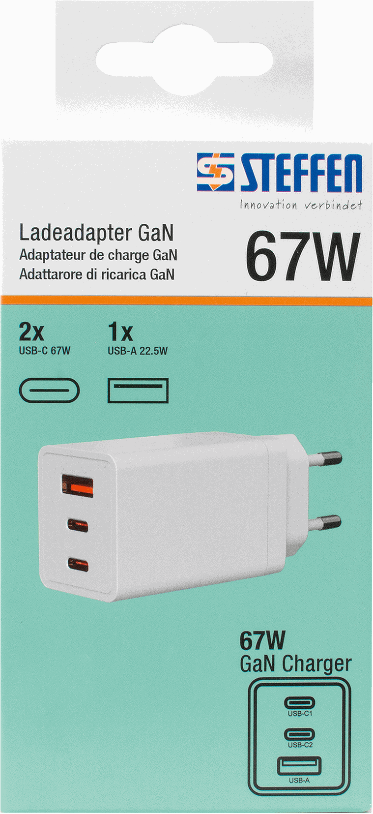 Ladeadapter, 2xUSB-C, 1xUSB-A, 67W weiss, 230V, max. 5.85 A - Elektrozubehör
