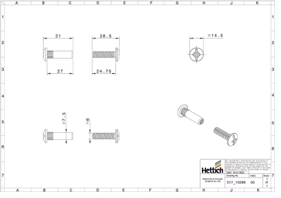 Hettich Verbindungsschraube Set vernickelt, mit Hülse, M6 x 36-50mm, à 4 Stk - Diverse Möbelbeschläge und Zubehör