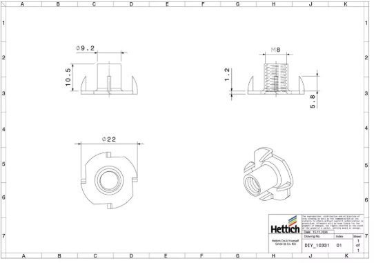Hettich Einschlag-Mutter verzinkt, Bohrloch D = 10mm, IG M8, à 8 Stk - Diverse Möbelbeschläge und Zubehör