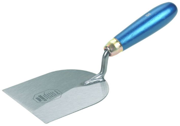 Gipserspachtel, gekröpft, Blatt gehärtet L= 80mm, mit blauem Holzheft - Bauwerkzeuge