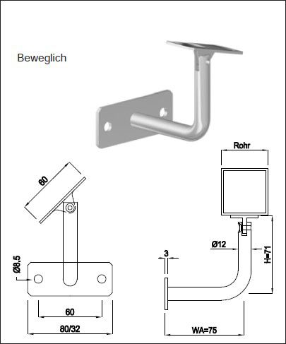 Geschw. Wandkonsole eck. waagr. bewegl. 4-kant/Rechteckrohr 12 mm geschl. 1.4301 - INOXTECH-Handlauf-/Geländer-System