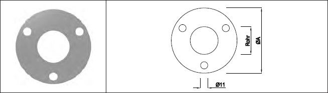Fusspl. ru. 120mm m. Zentrumsl. 48.3mm 3 Befestigungsl. gestanzt geschl. 1.4301 - INOXTECH-Handlauf-/Geländer-System