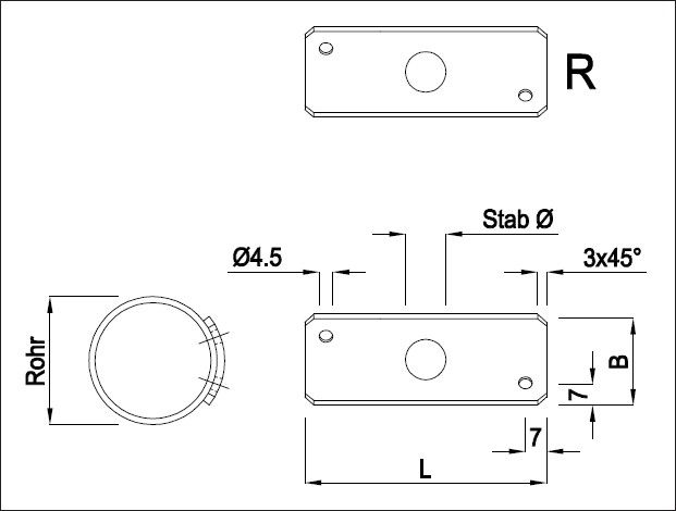 Auflagebleche schmale Ausführung R 33.7/ 10 L 60 mm S235JR - INOXTECH-Handlauf-/Geländer-System