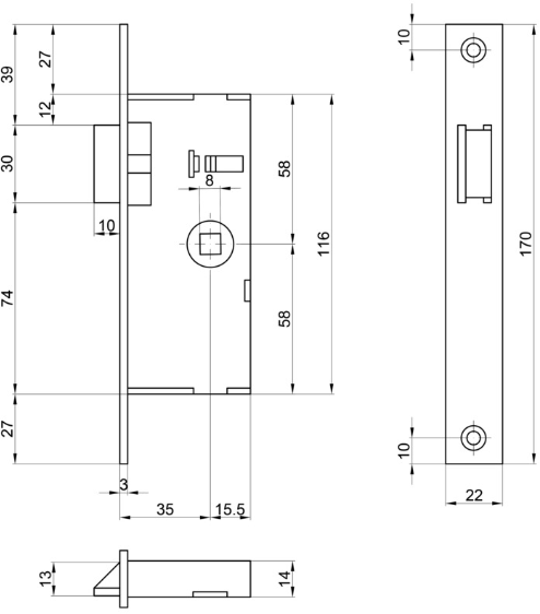 MSL Rohrrahmen-Einsteckfalle 1922.4, WC 170/22/3mm; DM=40mm, Nuss=8mm - Türschlösser und Zubehör
