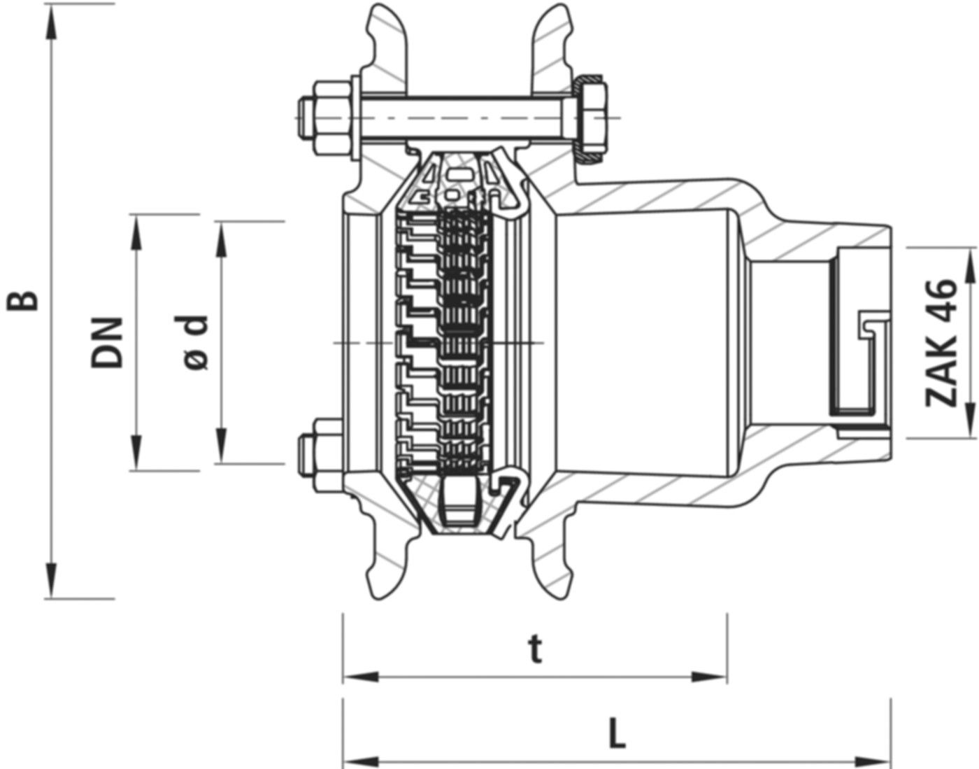 Übergangsstück ZAK-Synoflex 6162 DN 50 Spannbereich d 56-71mm - Hawle Synoflex