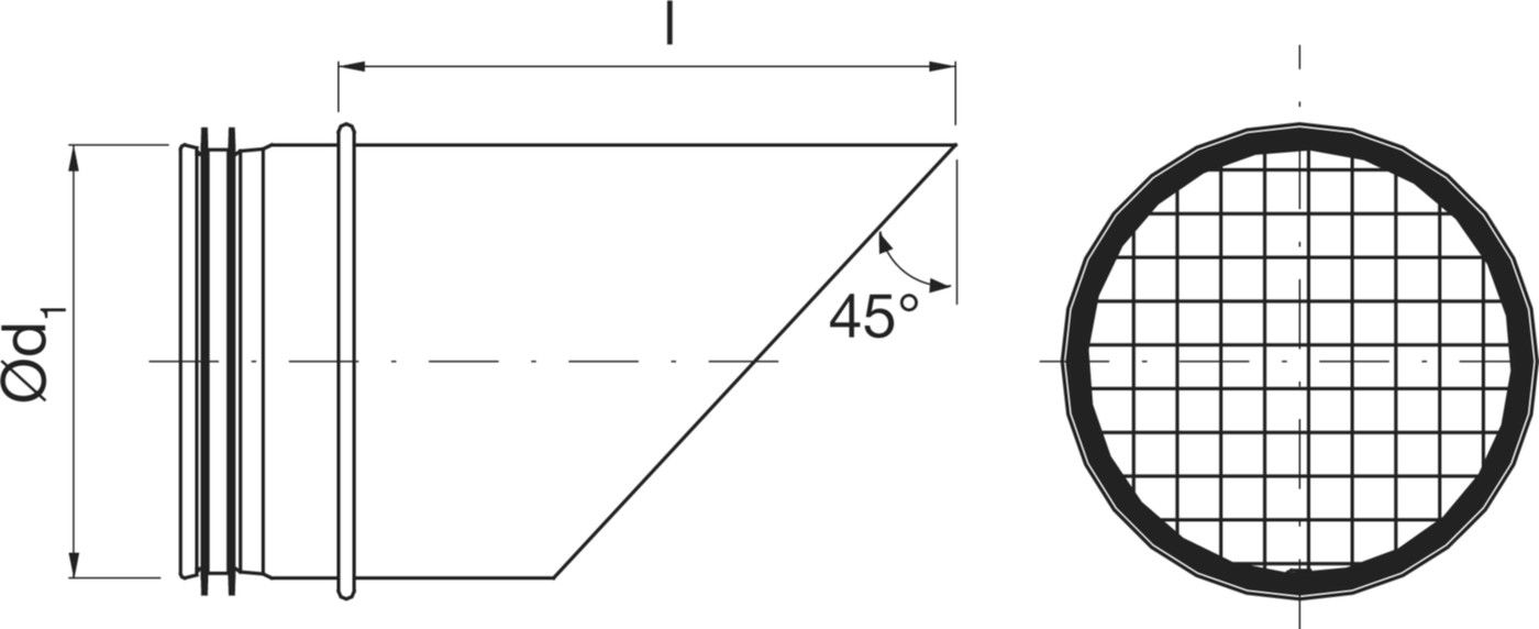 Stutzen schräg mit geradem Maschengitter 300mm ILNU45-V - Spiralfalzrohre und Zubehör System Safe