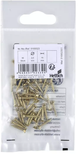 Hettich Senkkopf Schrauben vermessingt, PZ 25 x 16mm, f. St.Scharnier, à 50 S - Diverse Möbelbeschläge und Zubehör