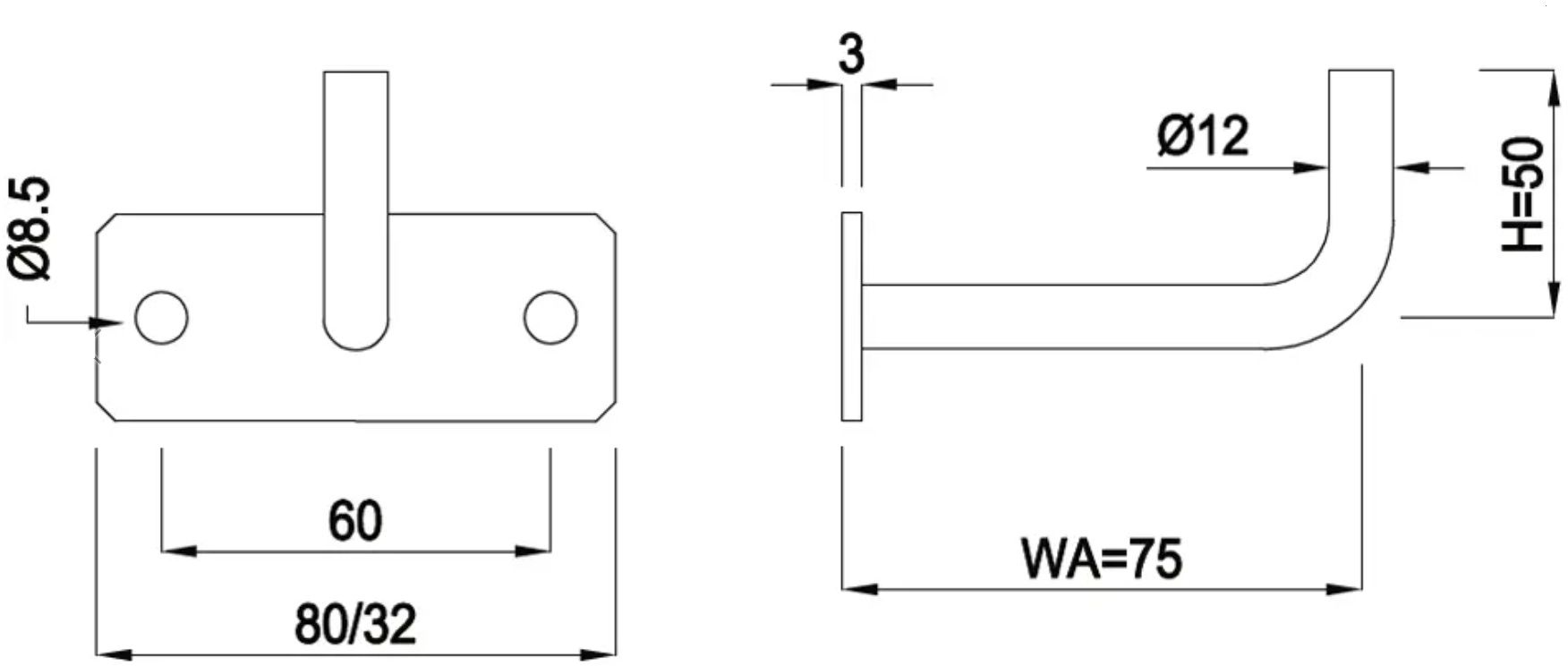 Geschw. Wandkonsole eckig waagrecht H 44 mm Stab 12 mm geschliffen 1.4301 - INOXTECH-Handlauf-/Geländer-System