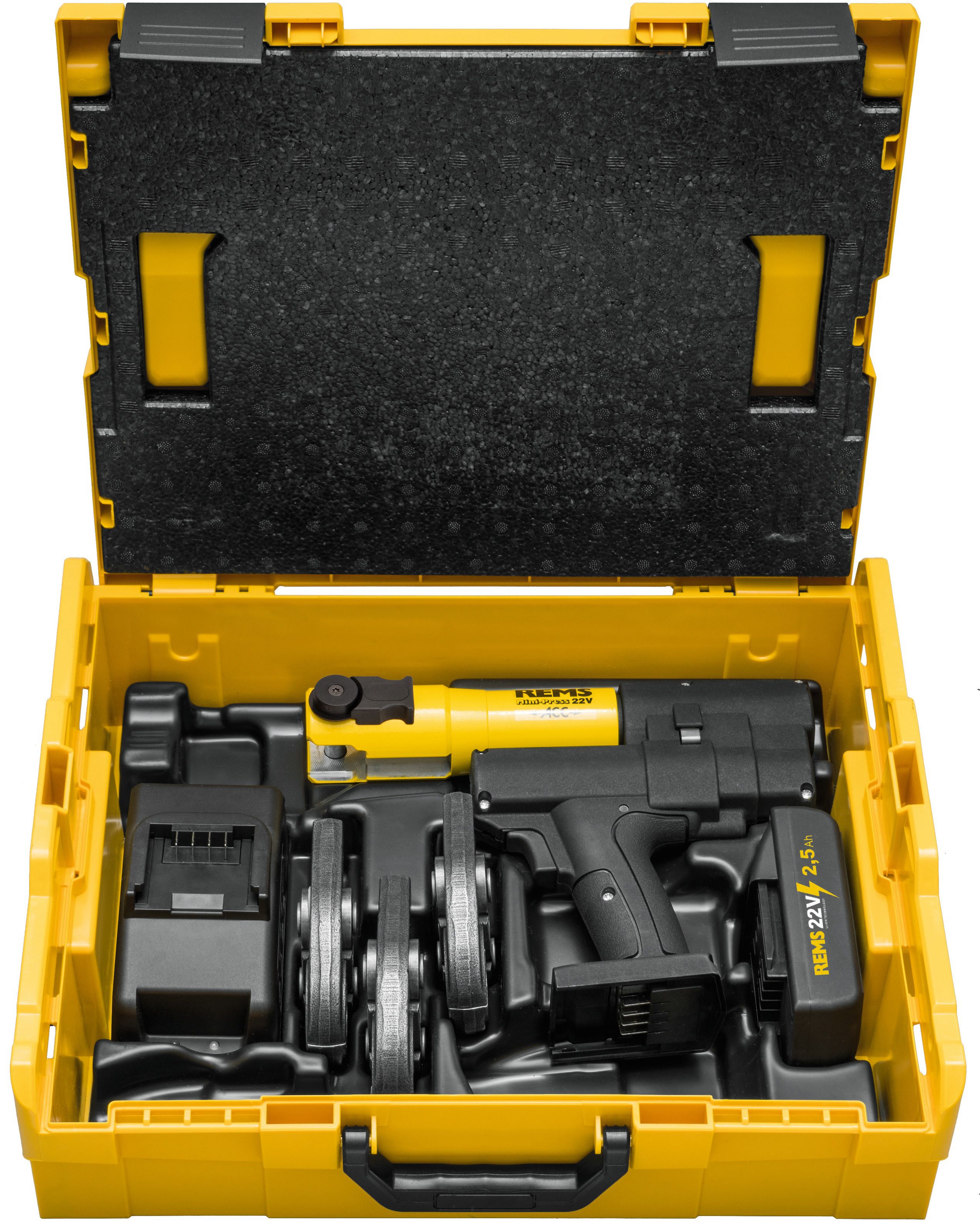 REMS Mini-Press 22 V ACC Basic-Pack 578030 R220, bis Ø 40mm, drehbar, inkl. 3 Backen - Sanitärwerkzeuge