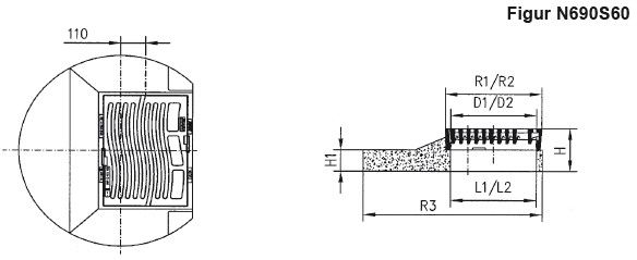 Fig.N690S60 Guss D400 NIVO, Autobahn Neopren-Einlage, Federklemmrost, Sockel - Schachtabdeckungen BGS