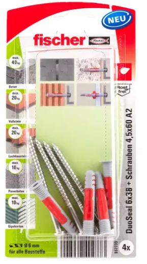 FISCHER DuoSeal abdichtender Dübel S PH TX A2 Ø6 x38mm, ks 12 mm, 557733, Pack à 4 Stk. - Fischer Befestigung