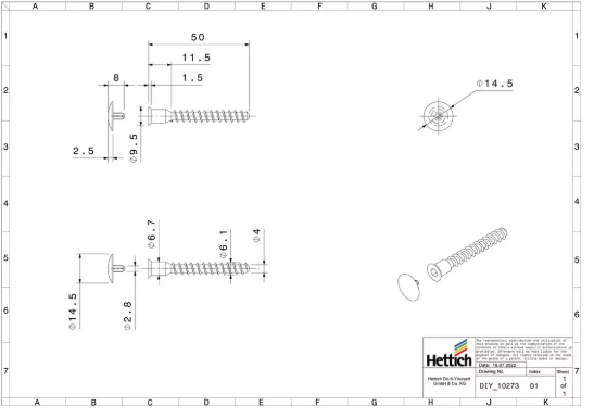 Hettich Verbindungsschraube verzinkt, PZ 6.3 x 50mm, m. Kappe, à 16 Stk - Diverse Möbelbeschläge und Zubehör