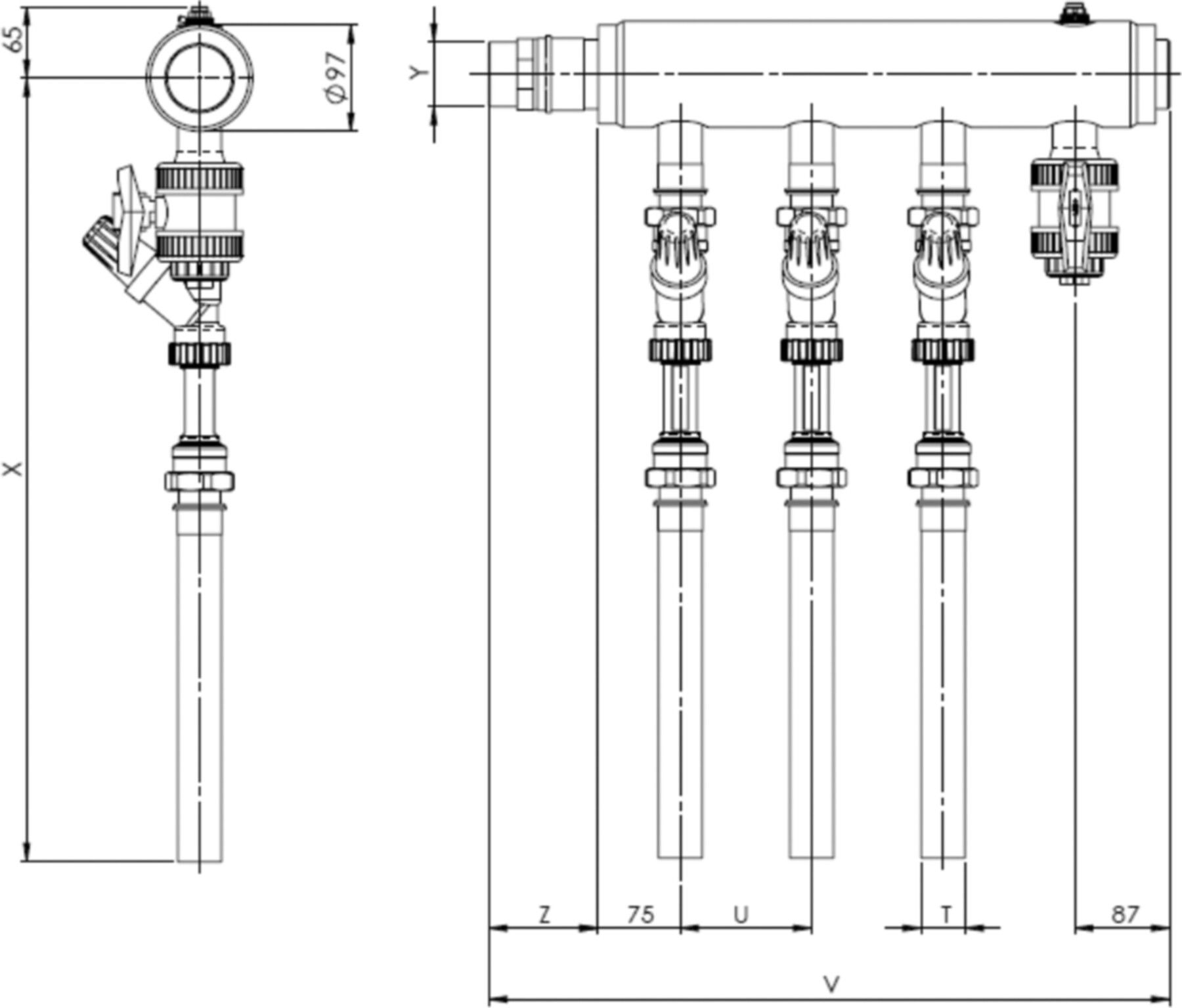 PE-Verteiler SAVE 97 m/Abgleichv. Hyline DN 40 R 2" 5 Anschl. m/F+E 067.4035a - Haka-Erdwärmetechnik