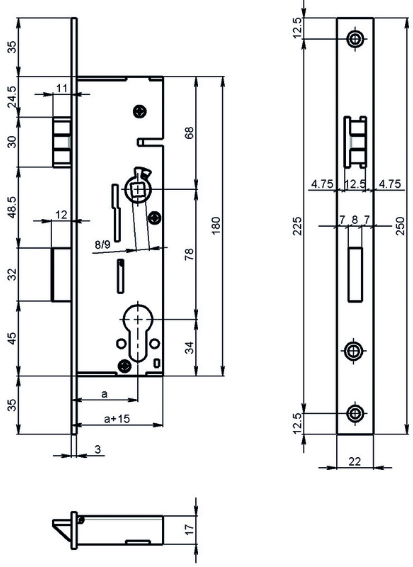SCHÄNIS Einsteckschloss 1902.6, RZ-W 250/22/3mm, DM=25mm, Nuss=8mm - Türschlösser und Zubehör