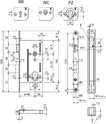 GLUTZ Einsteckschloss 1106, RZ-W 78mm 230/18/3mm, DIN links, DM 60mm - Türschlösser und Zubehör