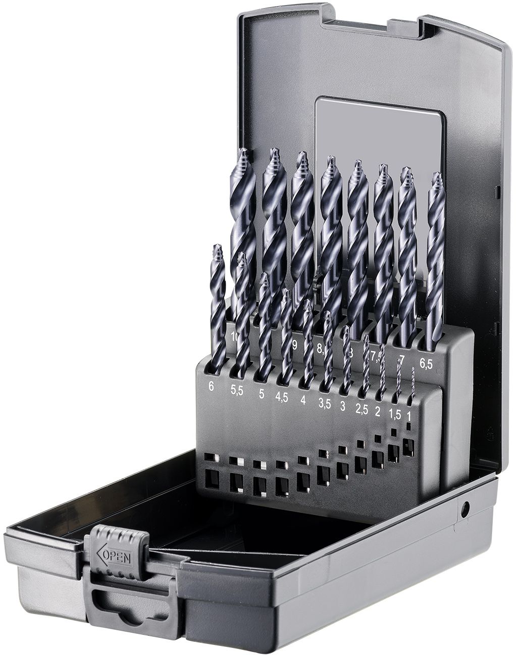 FORTEC Spiralbohrer Satz DIN 338, 19-tlg. Ø1.0-10.0 x 0.5mm, HSSE-Co5, mit TiAlN-Stufenspitz - Bohren